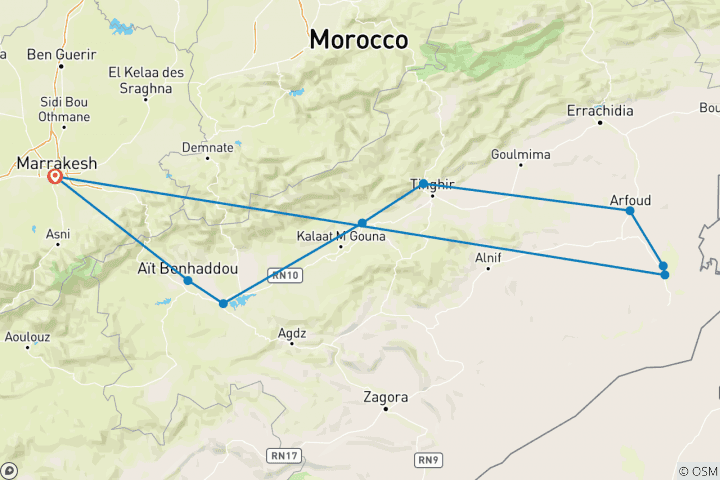 Map of Merzouga Gorges & Deserts Adventure 3D/2N (Marrakech to Marrakech)