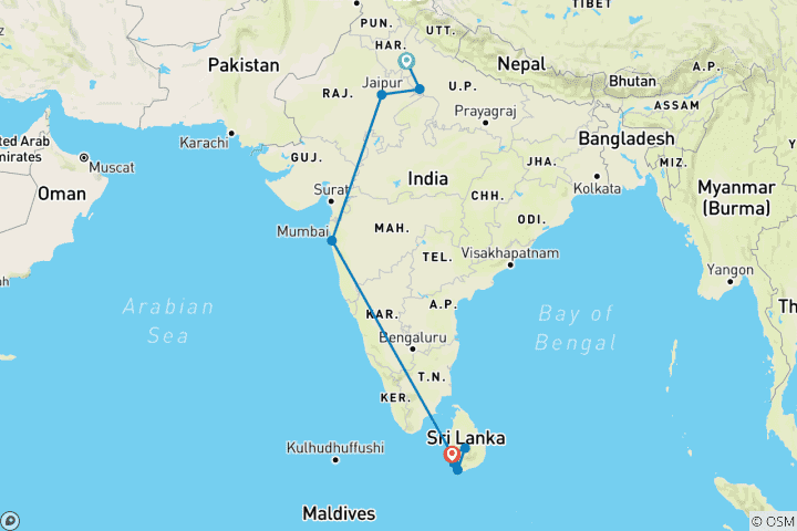 Carte du circuit Les points forts de l'Inde et le Sri Lanka serein