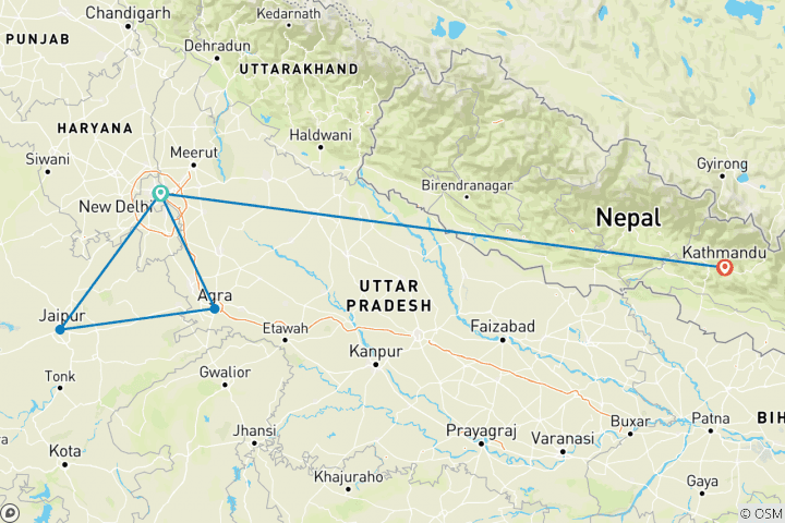 Mapa de Viaje al triángulo de oro con Katmandú