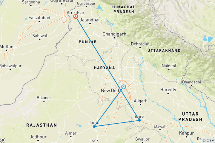 Map of Golden Triangle Tour with Amritsar