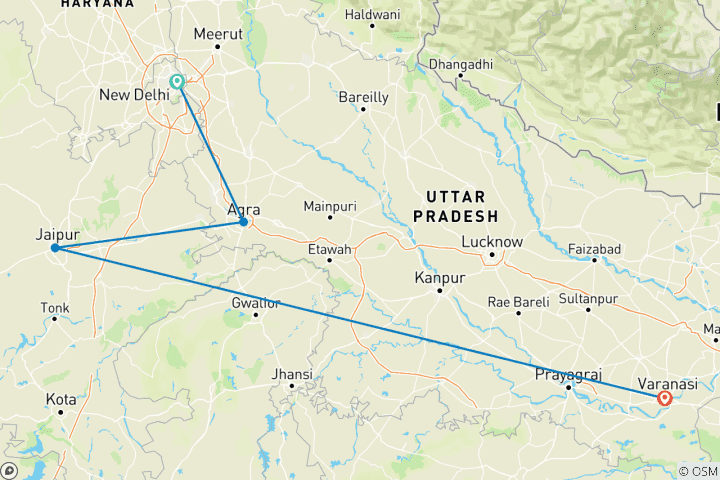 Map of Luxury Golden Triangle Tour with Varanasi
