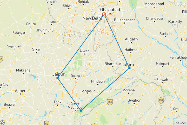 Map of Golden Triangle Tour with Ranthambore