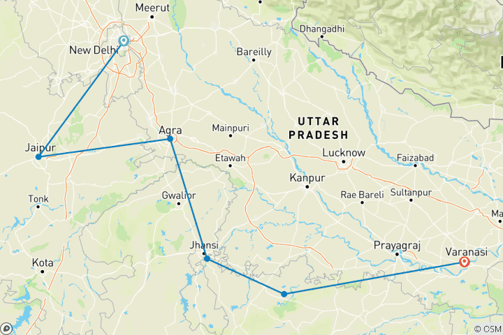 Carte du circuit Circuit du Triangle d'Or avec Orchha, Khajuraho et Varanasi