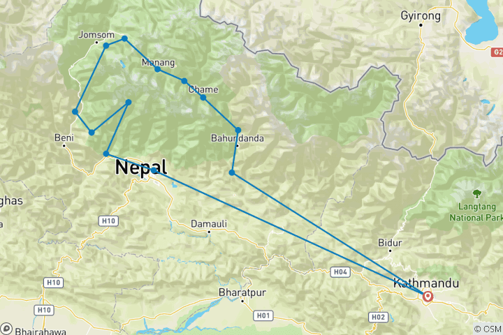 Kaart van 16-daagse Annapurna Circuit Trek via Muktinath - Jomsom en Ghorepani