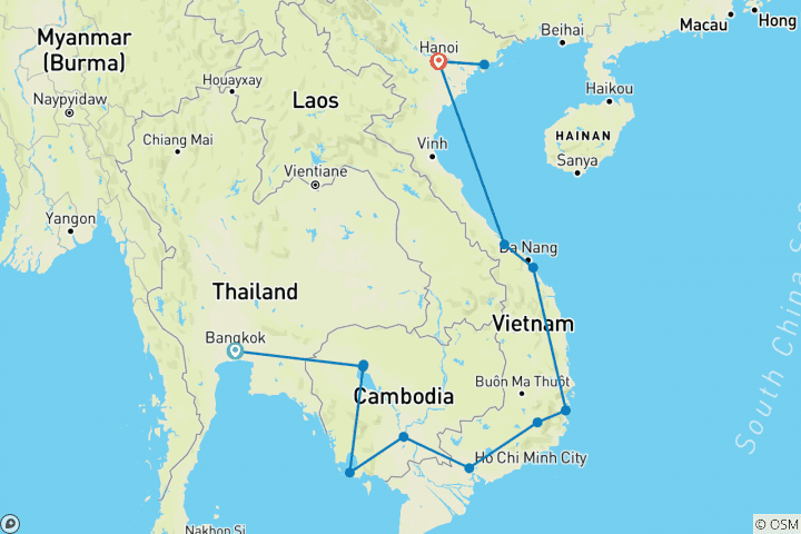 Mapa de Pase de viaje de Bangkok a Hanoi - vía Camboya