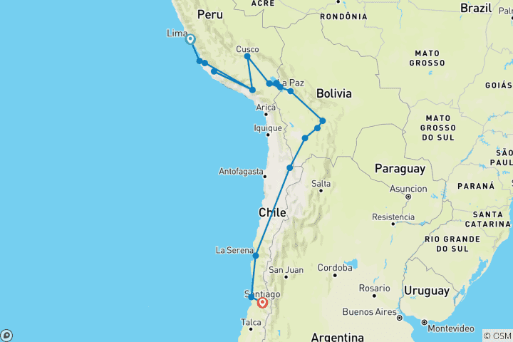 Map of Lima to Santiago (via Uyuni) Express Travel Pass