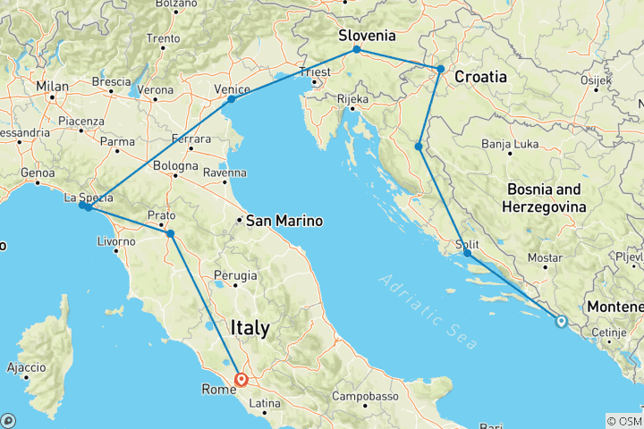 Kaart van Van Dubrovnik naar Rome (10 bestemmingen)