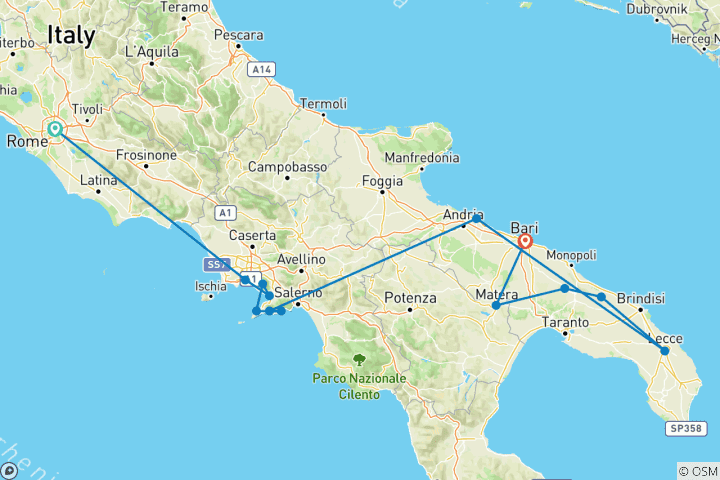 Carte du circuit De Rome au sud de l'Italie : Amalfi et les Pouilles