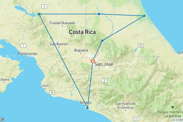 Carte du circuit Singes, jungles et volcans (8 jours, transfert gratuit à l'arrivée à San José)