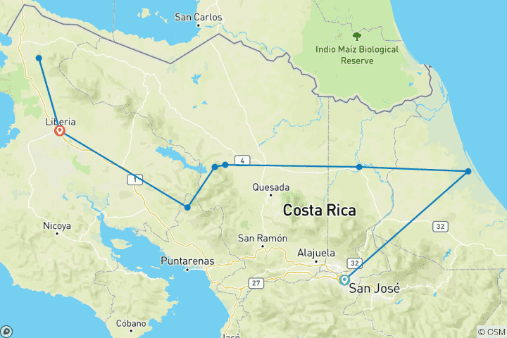 Map of Costa Rica Nature Adventure (Guanacaste Beach, End Liberia, 10 Days)