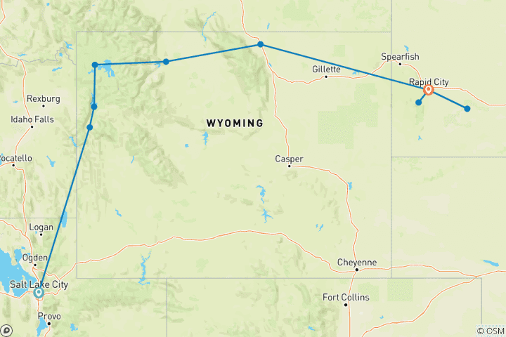 Map of Wild West, Cowboys and Buffalos (End Rapid City, 9 Days)