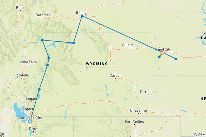 Map of Wild West, Cowboys and Buffalos (End Rapid City, 9 Days)