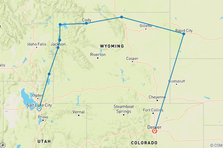 Map of Wild West, Cowboys and Buffalos (End Denver, 9 Days)