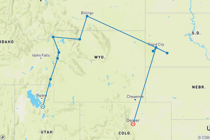 Map of Wild West, Cowboys and Buffalos (End Denver, 9 Days)