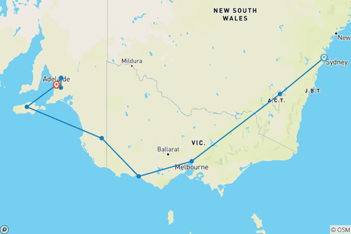 Map of Tastes of Southern Australia (11 Days)