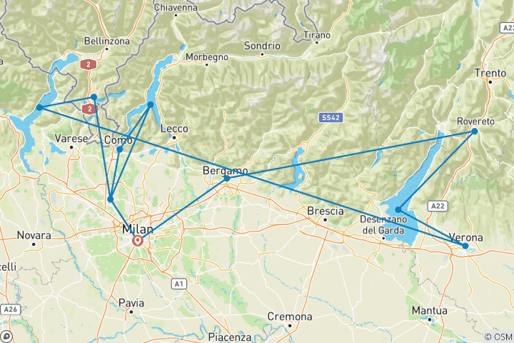 Carte du circuit Les points forts des lacs italiens - 8 jours