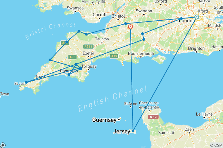 Carte du circuit Le meilleur du Devon et des Cornouailles (nuits à Londres)