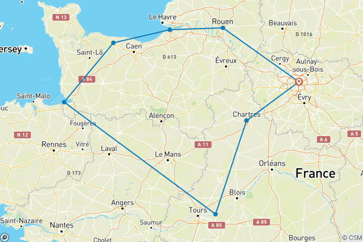 Carte du circuit Les trésors de la France, y compris la Normandie - 8 jours