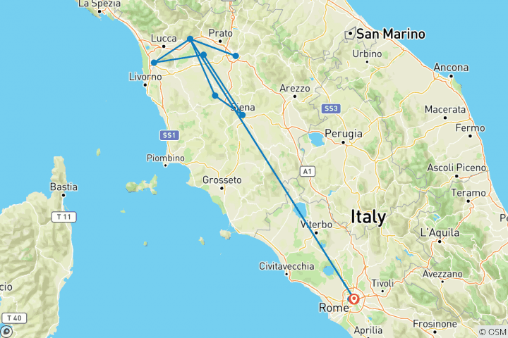 Map of Rome and Tuscan Highlights (9 Days)