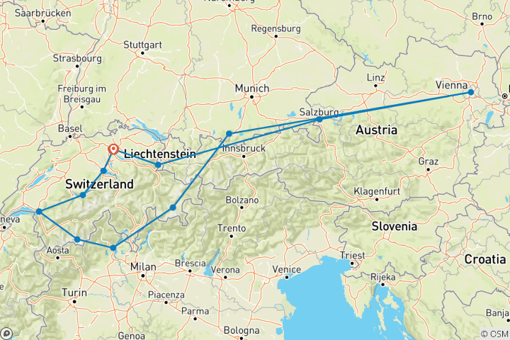 Karte von Schweiz und Österreich Rundreise 13 Tage