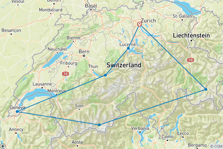 Kaart van Contrasten van Zwitserland - 8 dagen