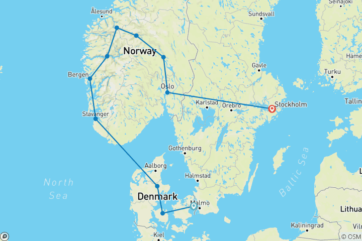 Map of Scenic Scandinavia and its Fjords (14 Days)