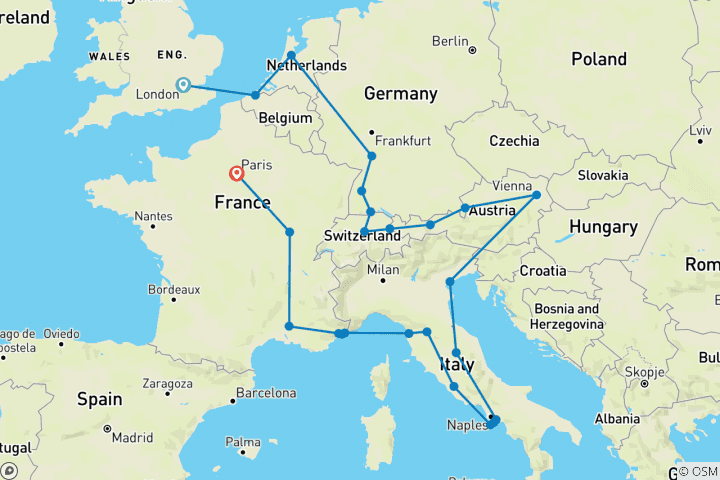 Carte du circuit Grand Européen - Fin Paris, 23 jours