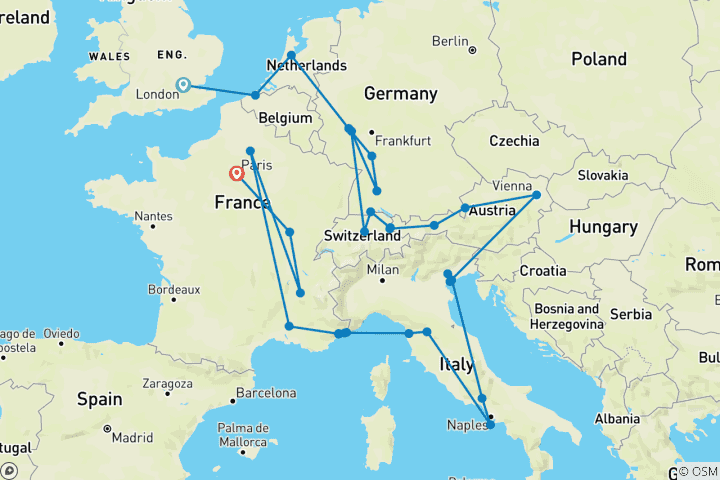 Carte du circuit Grand Européen (Fin Paris, 23 jours)
