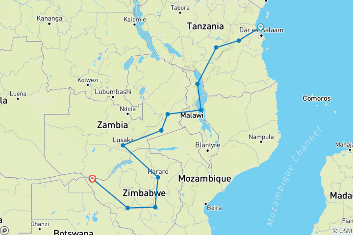 Map of Zanzibar to Vic Falls