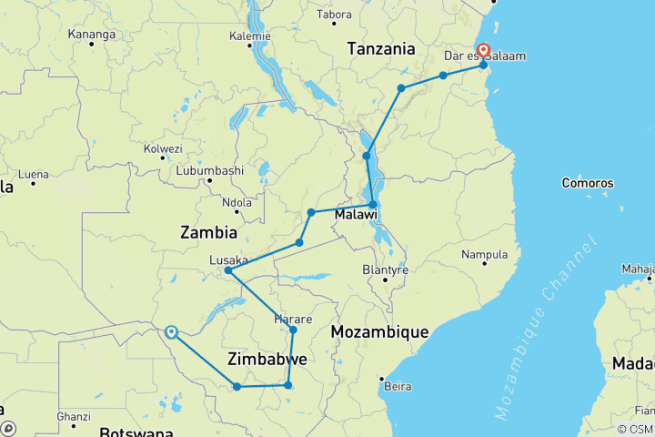 Mapa de De las cataratas de Vic a Zanzíbar