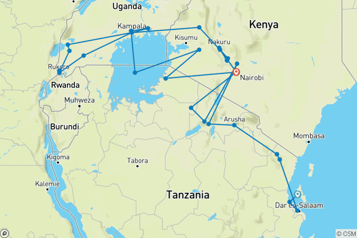 Carte du circuit Plages, parcs animaliers et gorilles (from Zanzibar to Nairobi)