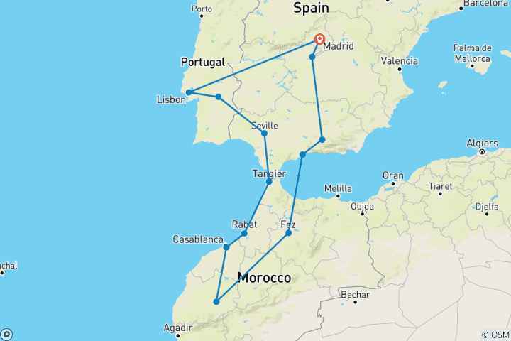 Carte du circuit Espagne, Maroc et Portugal (fin à Madrid)