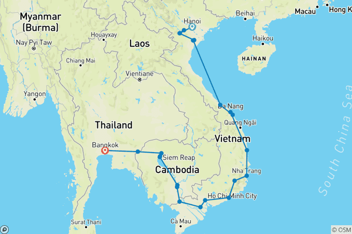 Carte du circuit Cycle Asie du Sud- Est (from Hanoi to Bangkok)