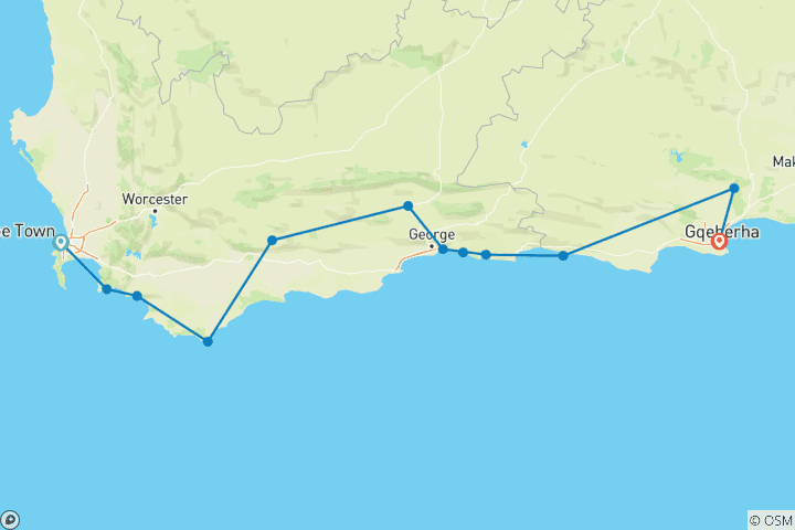 Map of 5-Day Group Garden Route & Addo Adventure Tour (one-way)