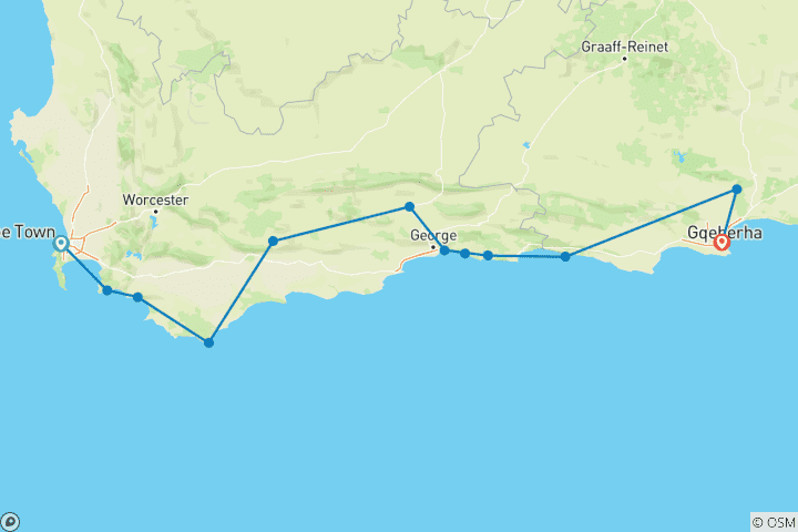 Map of 5-Day Group Garden Route & Addo Adventure Tour (one-way)