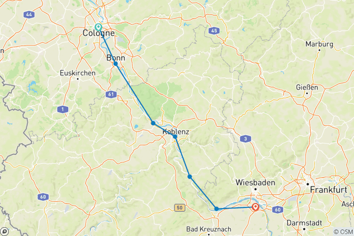 Map of Cologne to Mainz by Bike and Barge