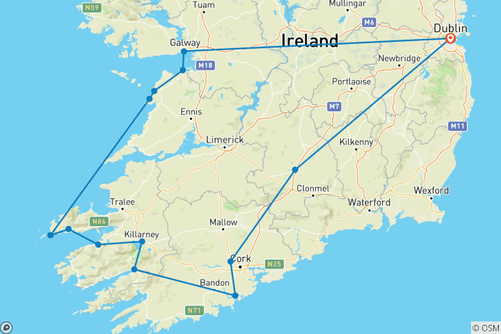 Kaart van Ierland - een reis door het spectaculaire zuiden & westen - in kleine groep - 5 dagen