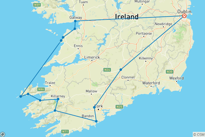 Carte du circuit Circuit en petit groupe de 5 jours dans le sud et l'ouest spectaculaires de l'Irlande