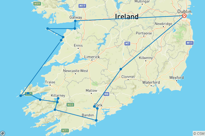 Carte du circuit Circuit en petit groupe de 5 jours dans le sud et l'ouest spectaculaires de l'Irlande