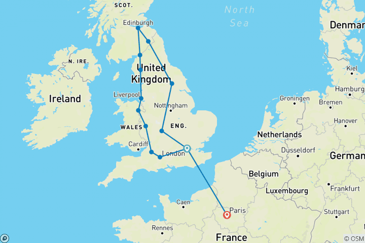 Kaart van Voorproefje Groot-Brittannië met Parijs