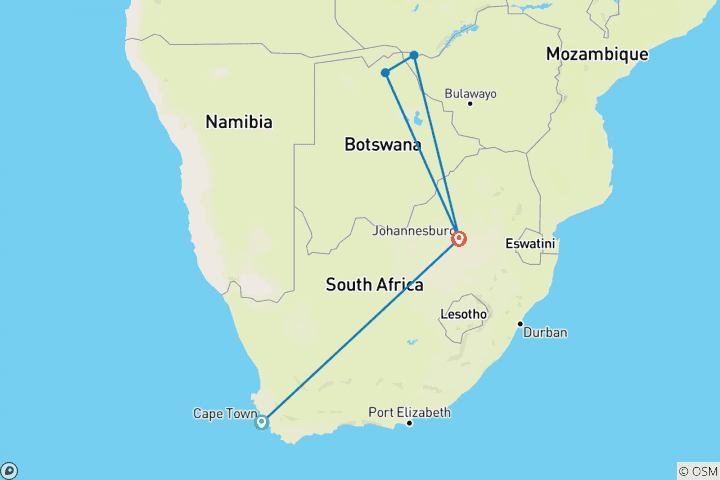 Map of Splendors of South Africa & Victoria Falls with Chobe National Park