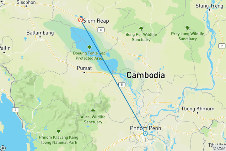 Map of Cambodia 6 - Day Phnom Penh To Angkor Tour
