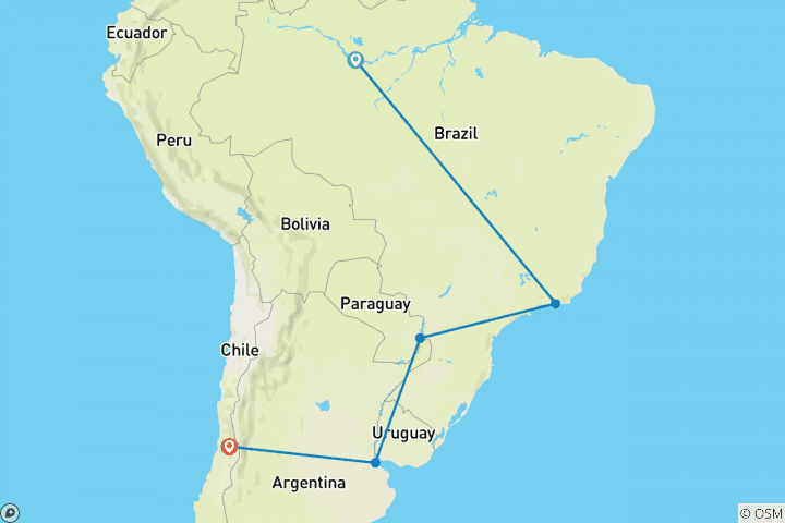 Carte du circuit Le Brésil, l'Argentine et le Chili se dévoilent avec l'Amazonie brésilienne