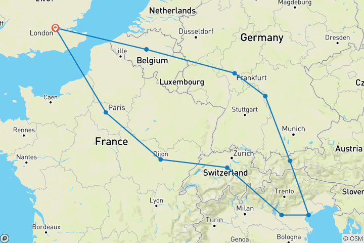 Carte du circuit Sept pays, Venise et Paris avec Londres