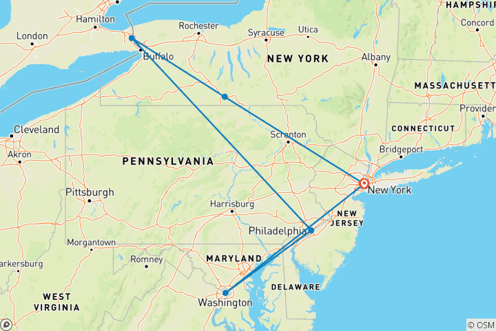 Map of New York City, Niagara Falls & Washington DC with Extended Stay in New York City 10 Days