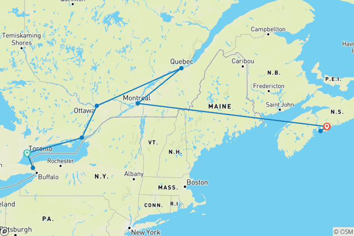 Carte du circuit Ontario et Canada français avec le train de l'océan jusqu'à Halifax - 10 destinations