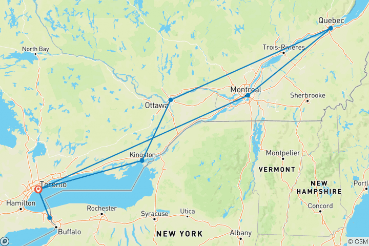 Carte du circuit Ontario et Canada français avec séjour prolongé à Toronto