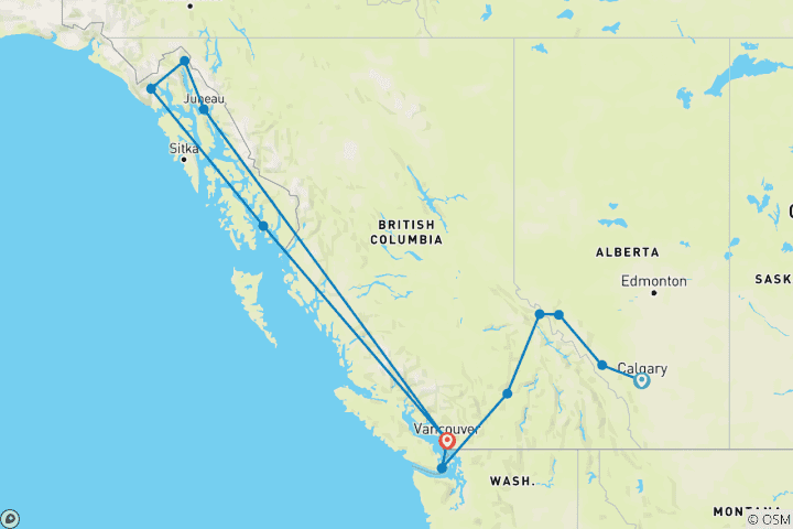 Carte du circuit Le cœur des Rocheuses canadiennes avec le Stampede de Calgary et la croisière en Alaska