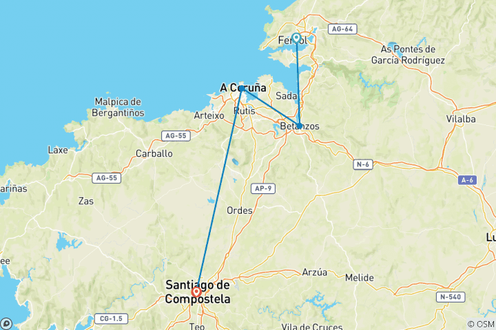 Carte du circuit Camino Ingles : Le chemin anglais de Saint-Jacques-de-Compostelle