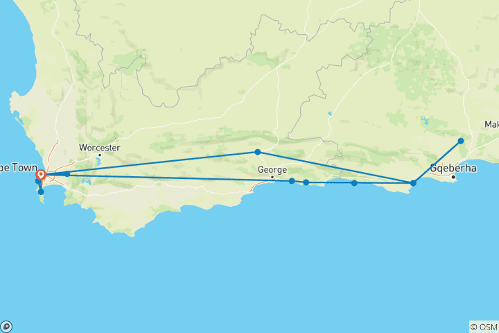 Map of 10 day Cape & Garden Route Combo - optional accommodation